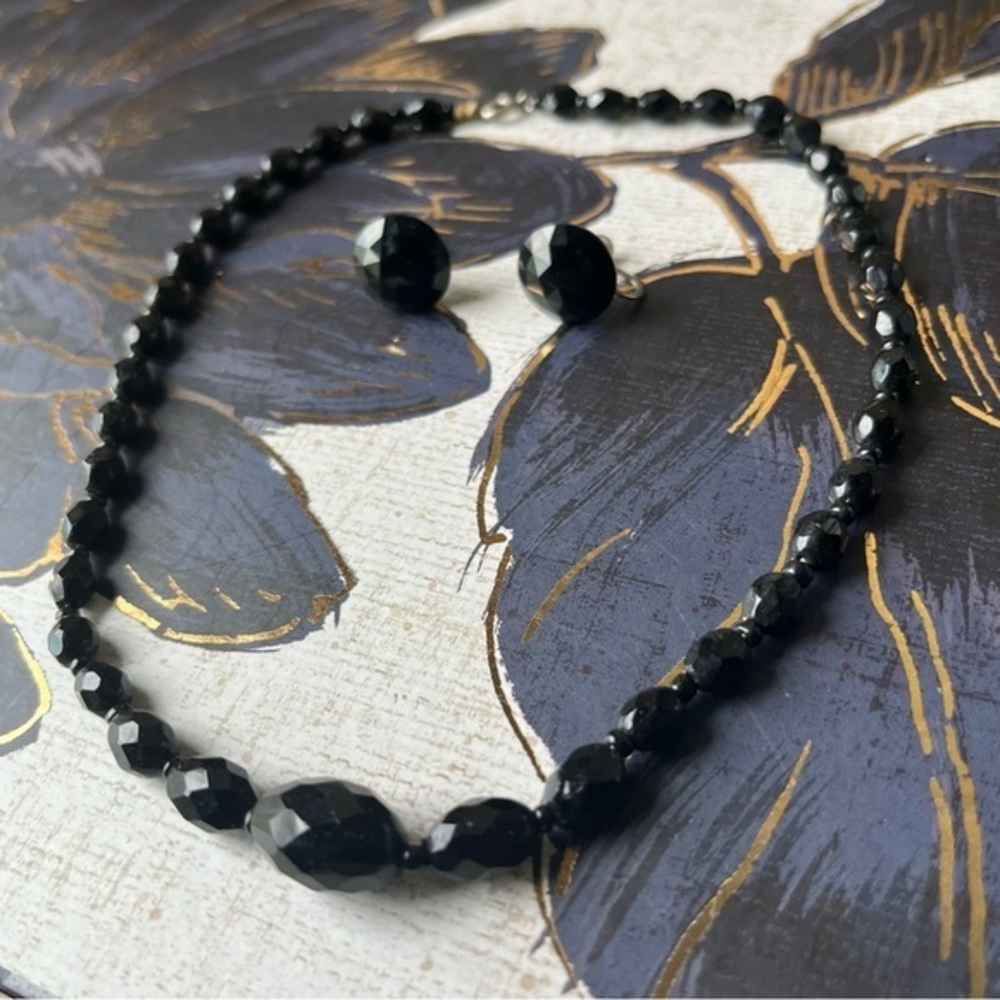 Vintage 1940s Faceted Black Beaded Choker Evening Necklace and Earring Set